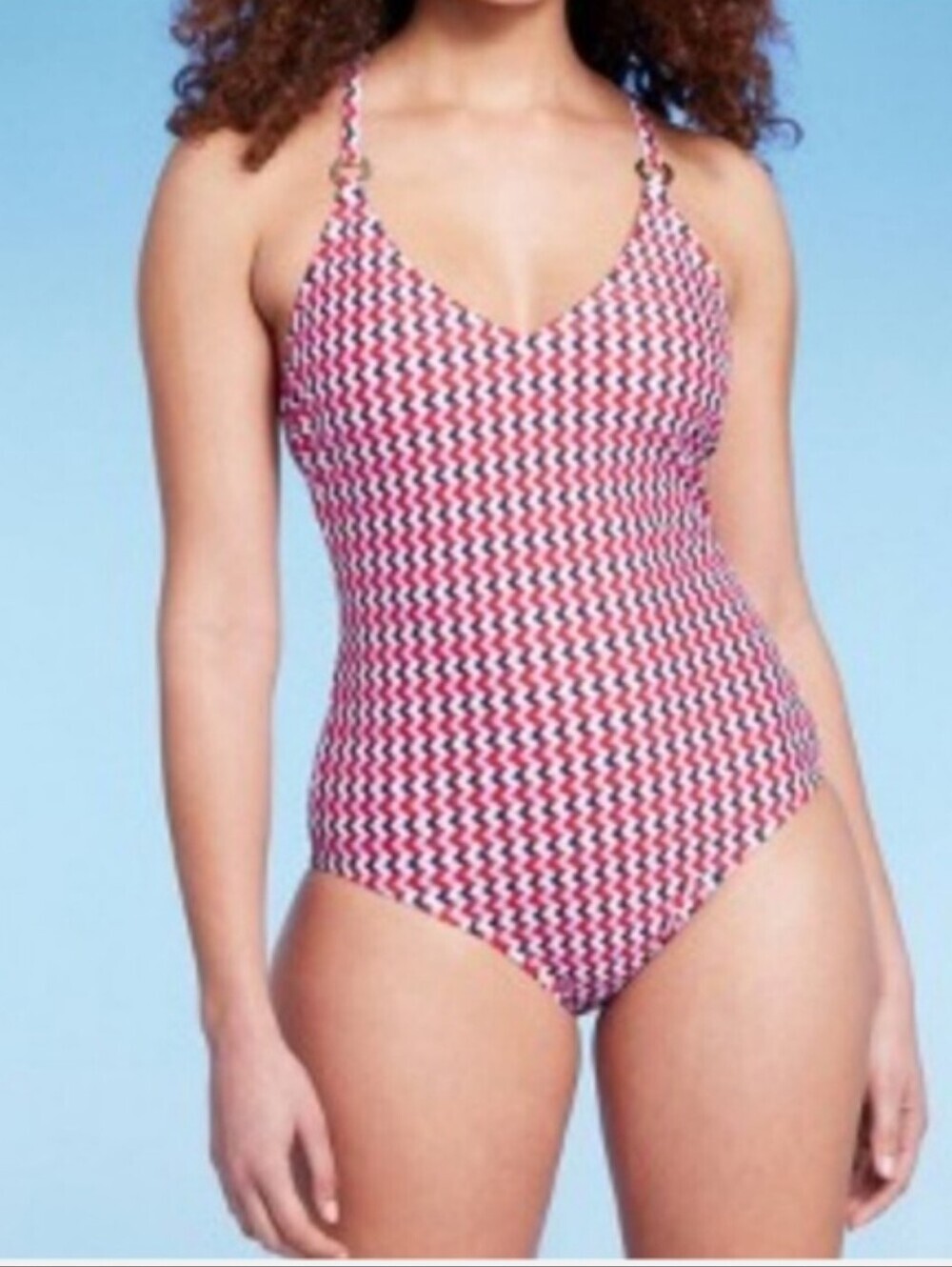 NWT Kona Sol Women Criss Cross Back Swimsuit Summer Red White One Piece Sz L-XXL